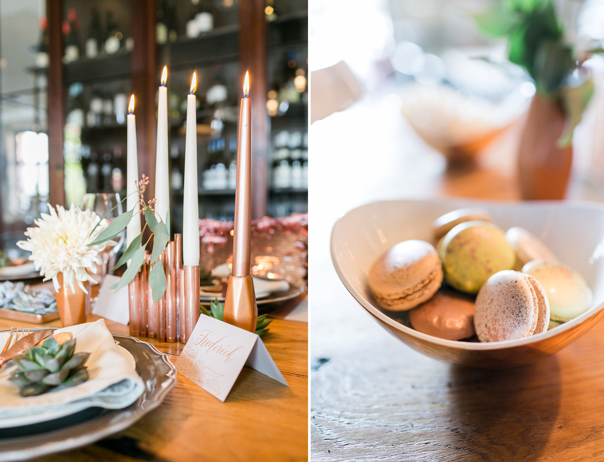 Hochzeitseinladung mit Illustrationen und moderner Kalligrafie in Kupfer und grau. Design Nicnillas Ink