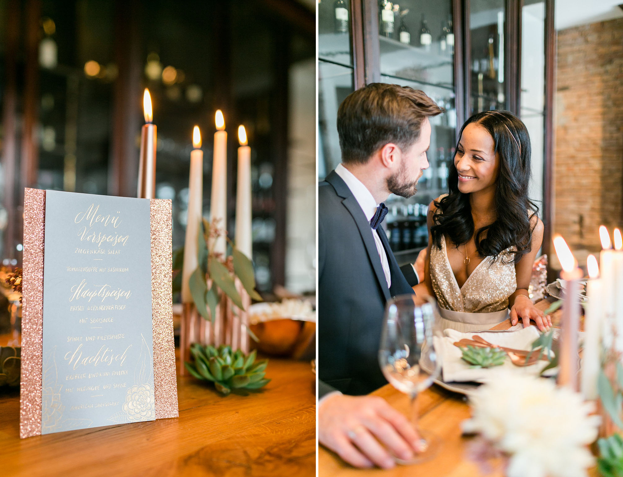 Hochzeitseinladung mit Illustrationen und moderner Kalligrafie in Kupfer und grau. Design Nicnillas Ink