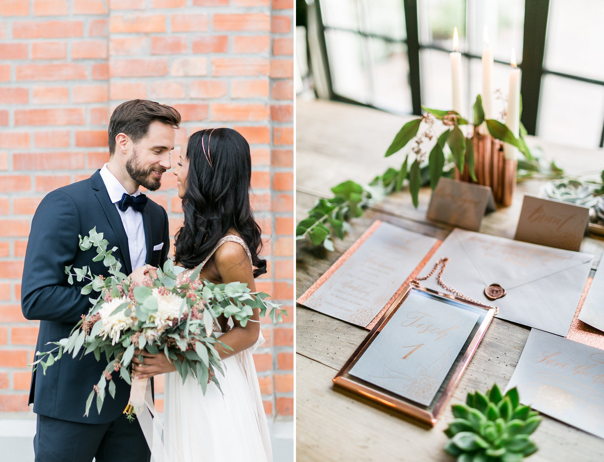 Hochzeitseinladung mit Illustrationen und moderner Kalligrafie in Kupfer und grau. Design Nicnillas Ink