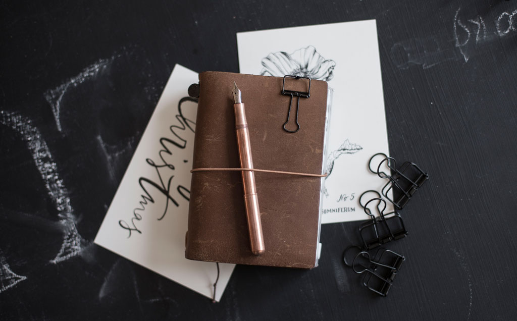 modern calligraphy, moderne kalligrafie, kalligrafie lernen, lettering, Handschrift, quote, illustration, branding, nicnillas ink, kaweco liliput kupfer copper, fountain pen, traveler`s notebook, midair, travelers factory, sending some love this christmas, brushlettering