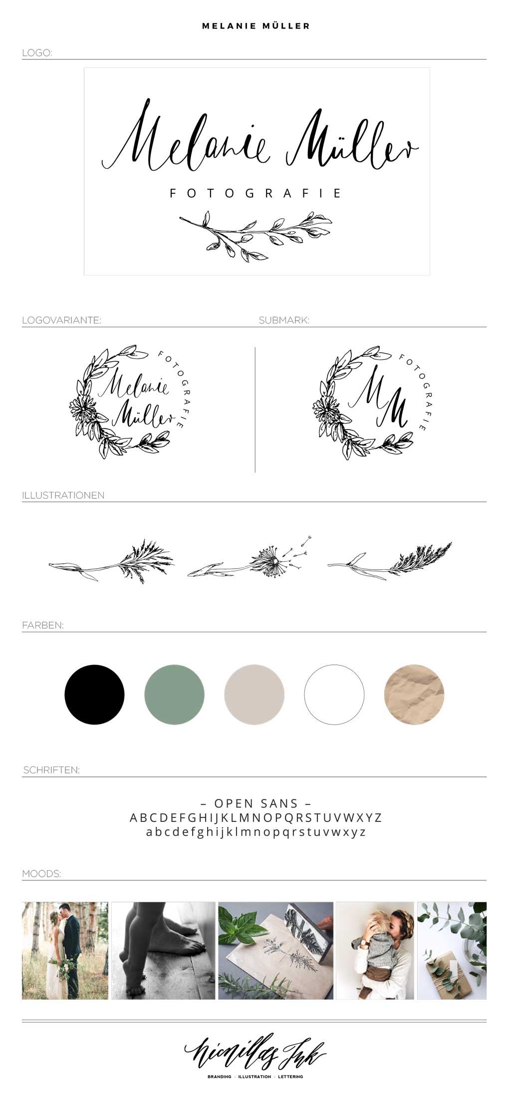 Logo design illustrations and brand board for Melanie mueller photography-nicnilla ink