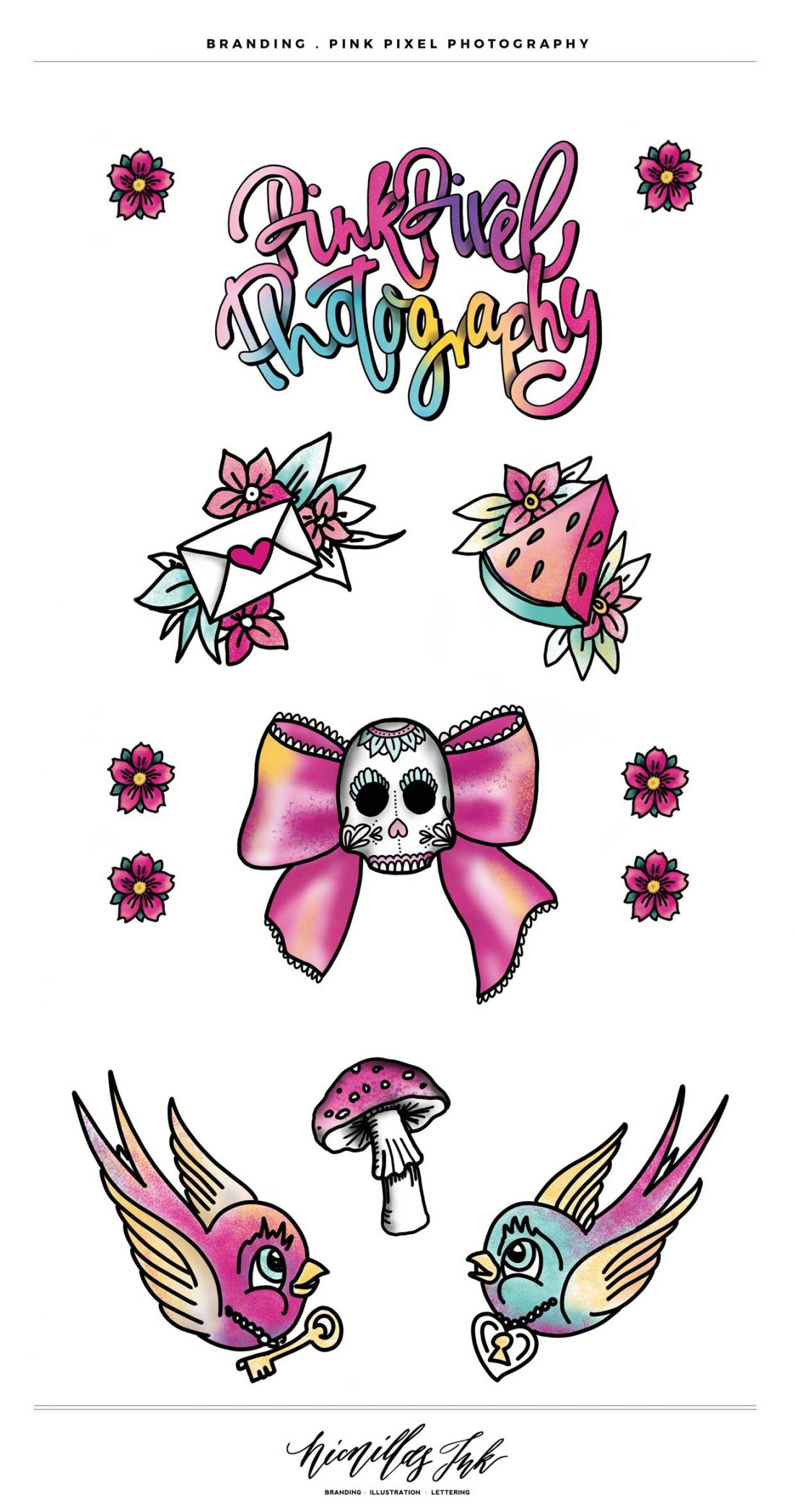 pink Pixel Photography | custom logo design, illustrations, branding, brand board – by Nicnillas ink