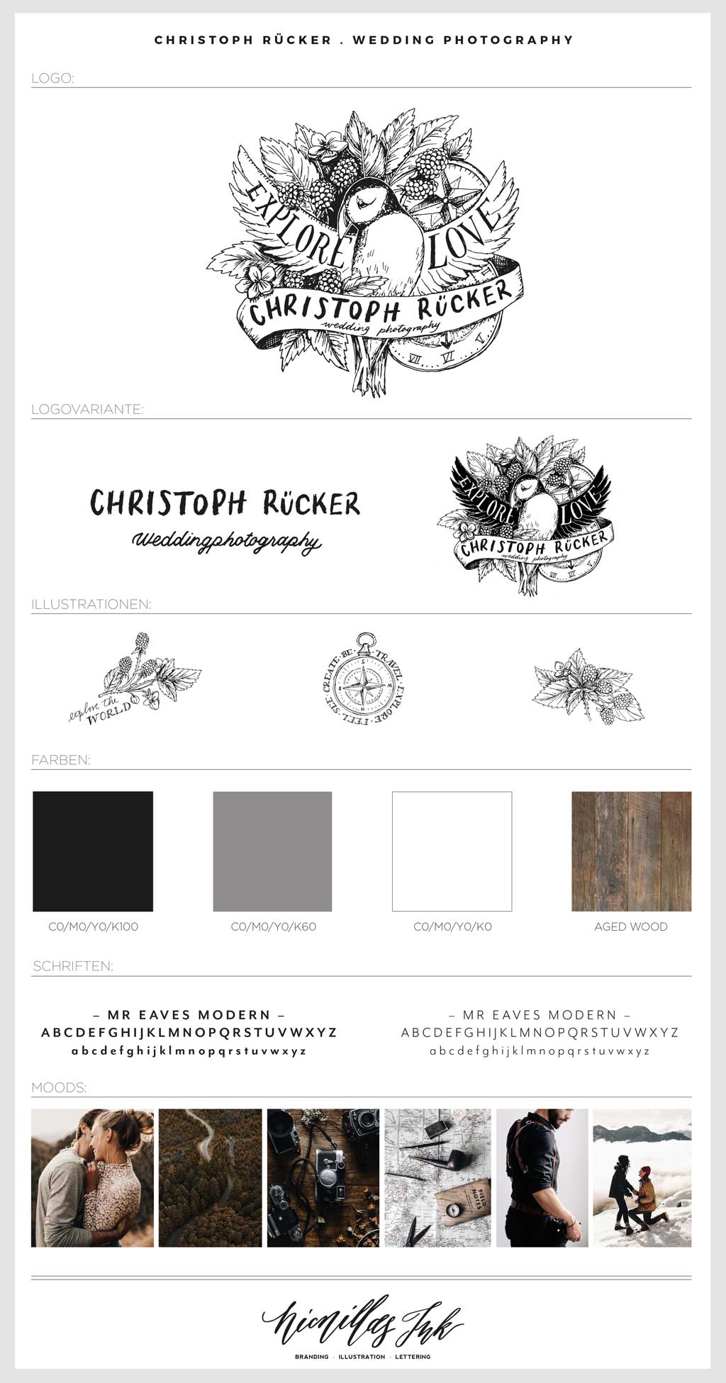 branding board for illustrated logo for wedding photographer